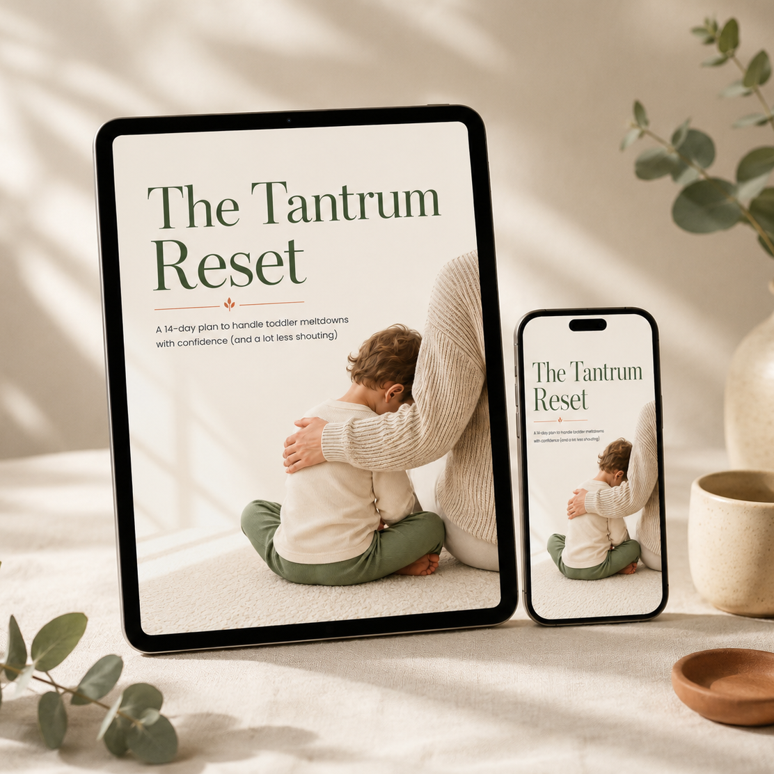 Tablet and phone displaying 'The Tantrum Reset' book cover on a table with plants and a mug.