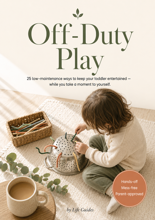 Off-Duty Play ebook cover by Life Guides — a toddler threading pipe cleaners through a colander on a cream rug.
