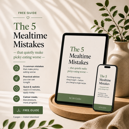 5 Mealtime Mistakes that make picky eating worse — free guide by Life Guides.